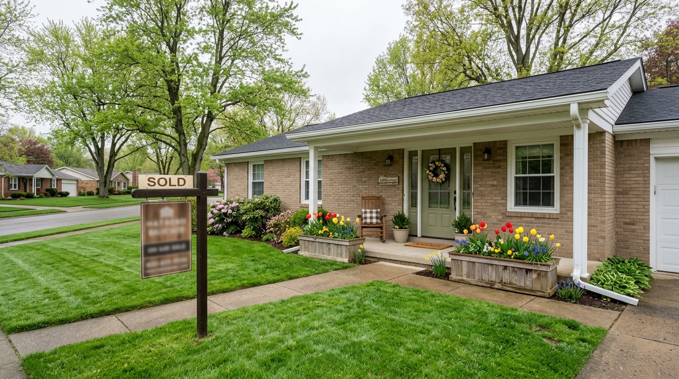 Brick ranch home with sold sign and spring tulips in Stark County Ohio