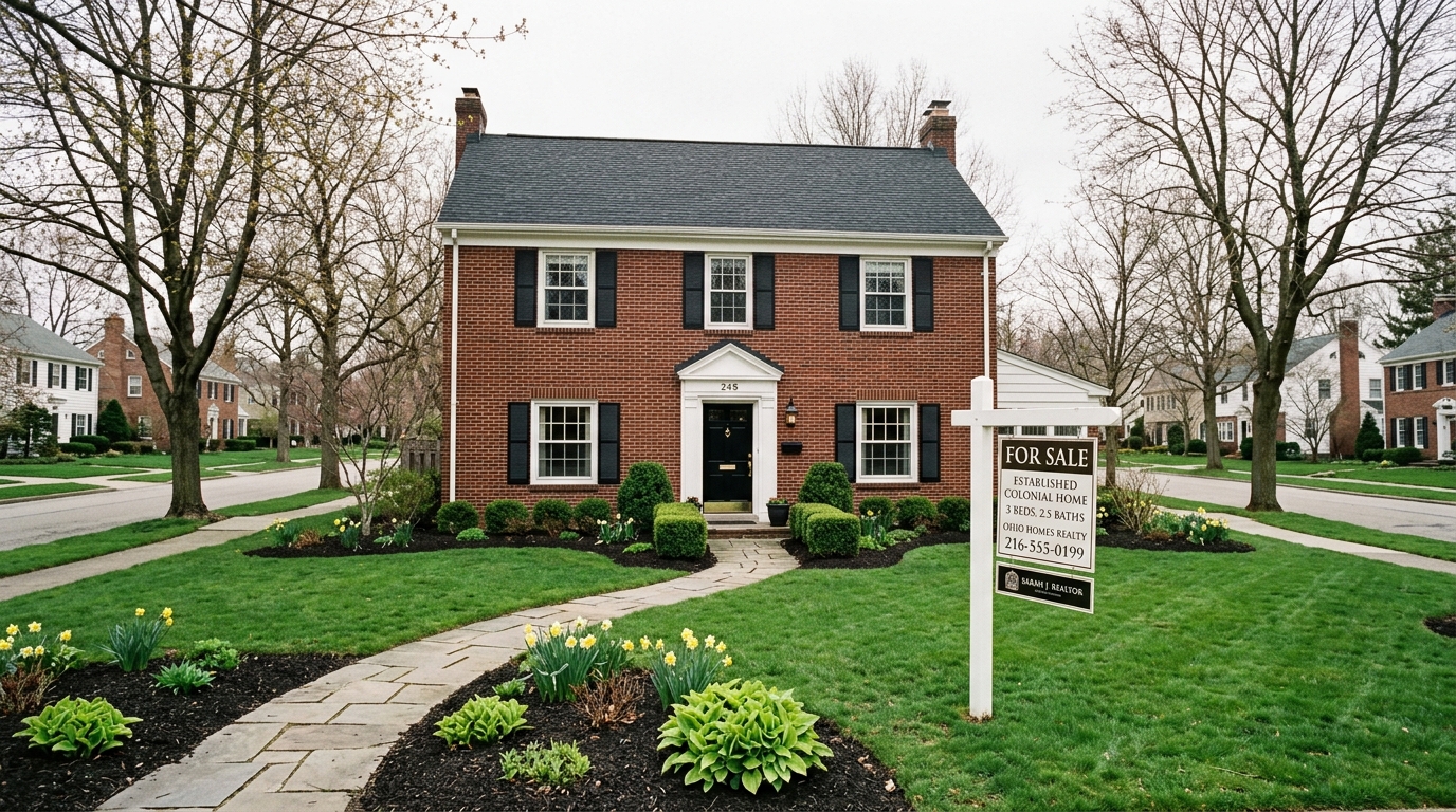 Colonial home with for-sale sign and fresh landscaping on a quiet northeast Ohio residential street