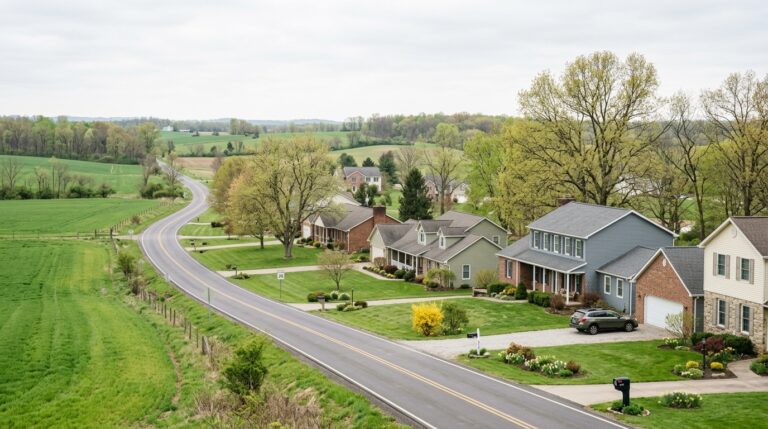 Lake Township Ohio homes along a country road with rolling farmland and early spring trees