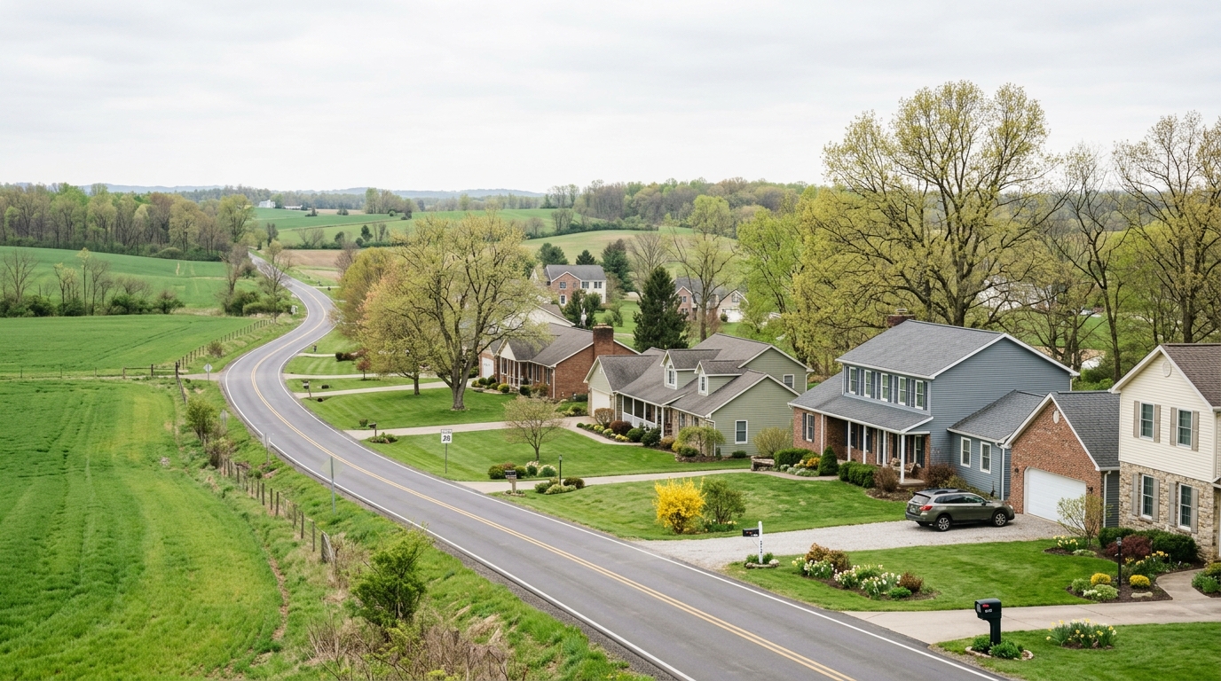 Lake Township Ohio homes along a country road with rolling farmland and early spring trees