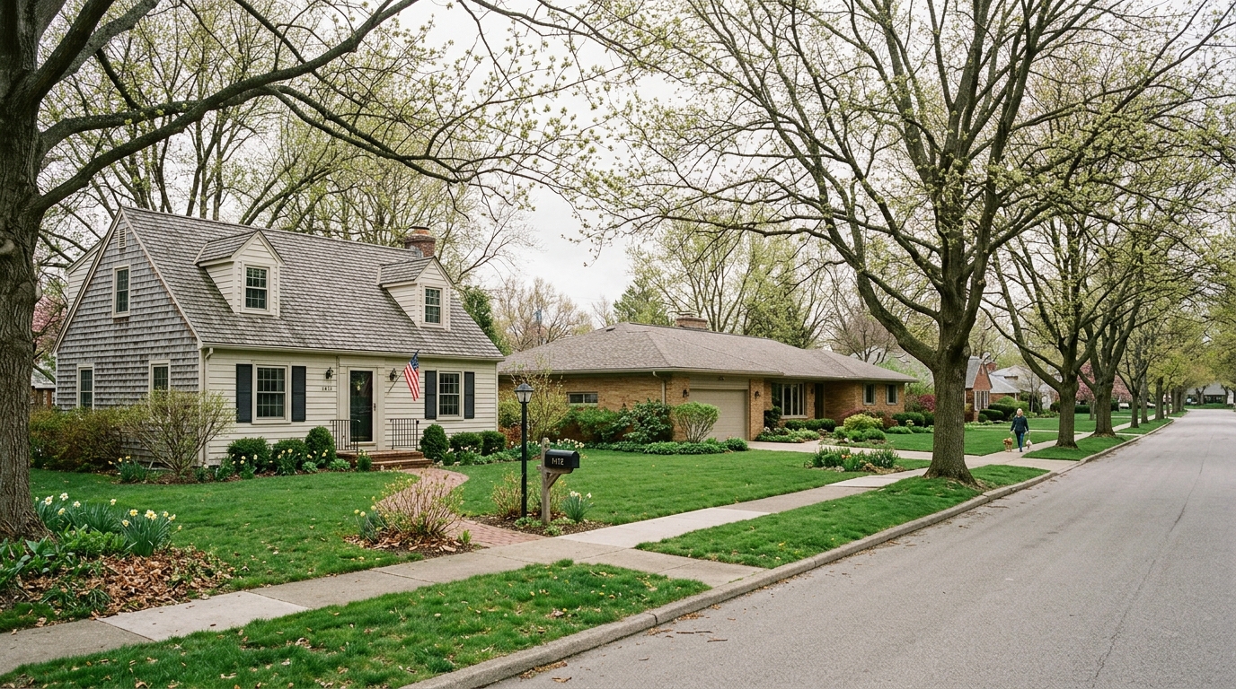 Cape Cod and ranch homes on a tree-lined street in North Canton, Ohio, early spring