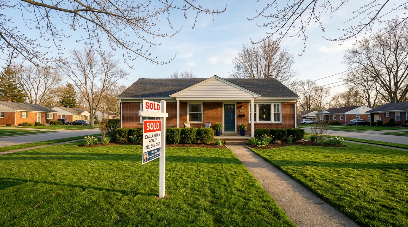 Sold sign in front of a brick ranch home in a Canton Ohio neighborhood, early spring