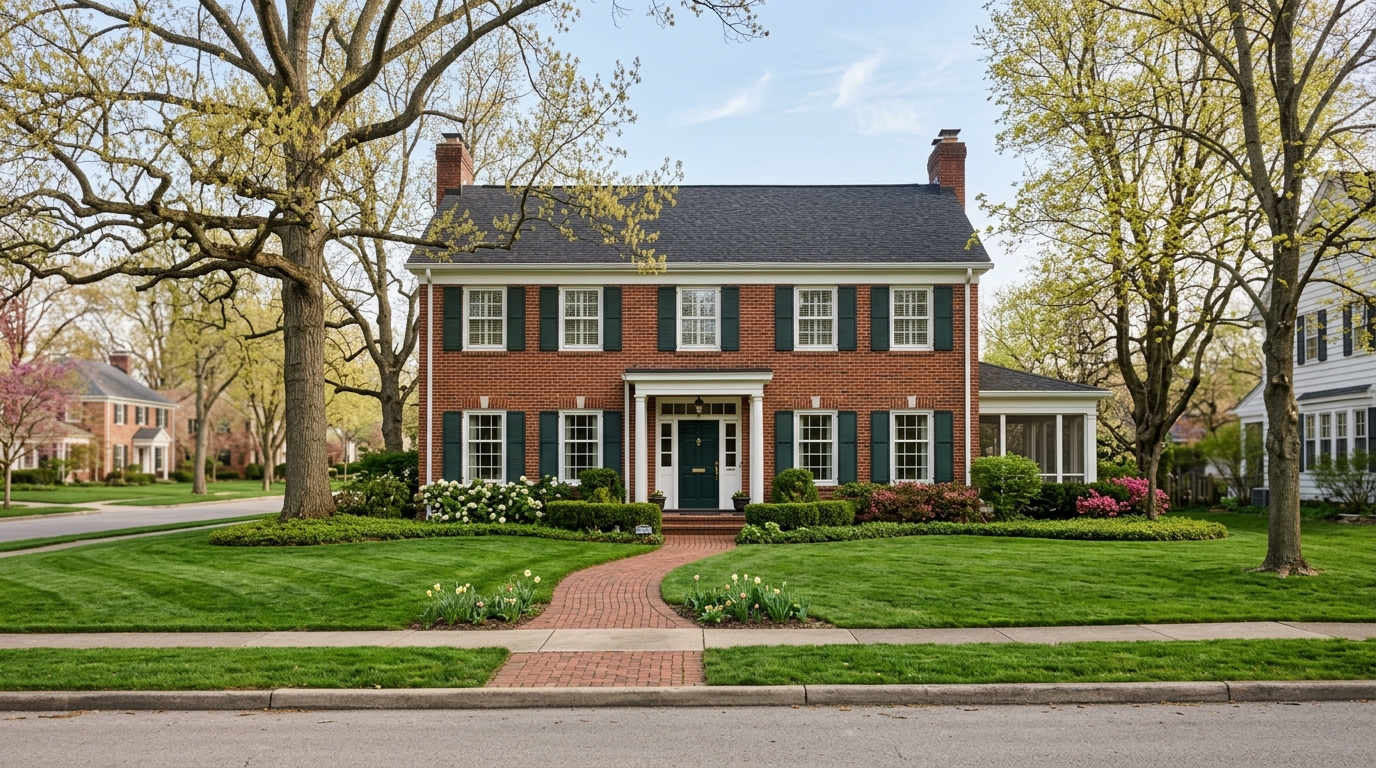 Colonial home on a residential street in Stark County Ohio, representing property tax rates by school district