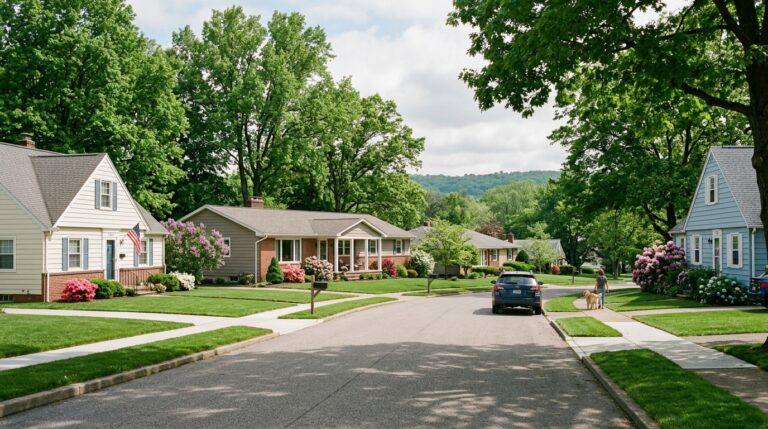 Modest ranch and Cape Cod homes on a tree-lined residential street in Canton, Ohio in late spring