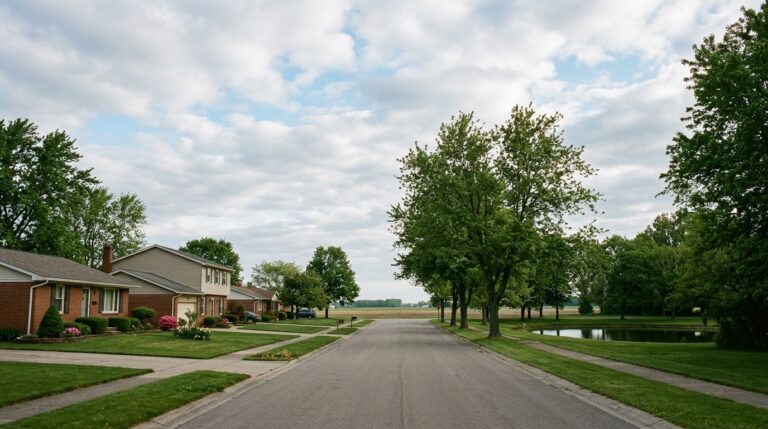 Residential street meeting farm fields on the edge of Louisville, Ohio
