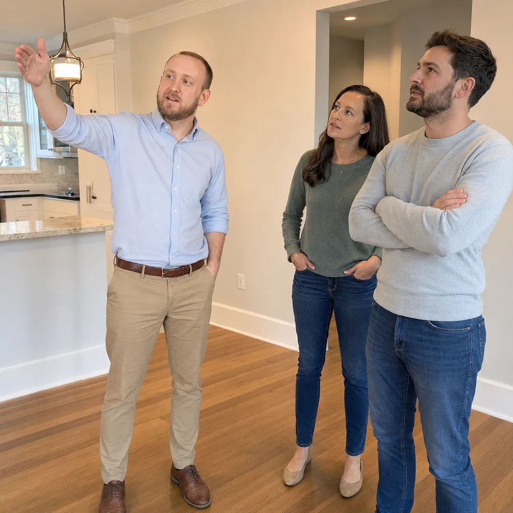 Joey Marino pointing out a detail to a couple during a home showing