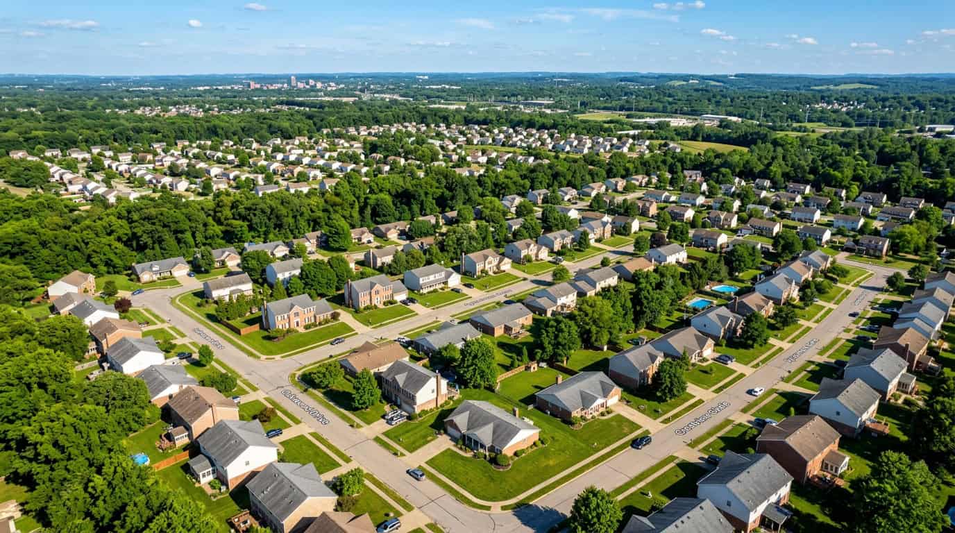 Aerial view of a Stark County Ohio residential neighborhood in summer