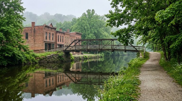 Ohio and Erie Canal towpath, iron bridge, and historic storefronts in Canal Fulton, Ohio
