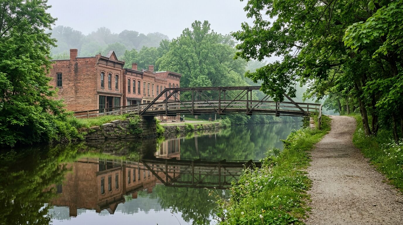 Ohio and Erie Canal towpath, iron bridge, and historic storefronts in Canal Fulton, Ohio
