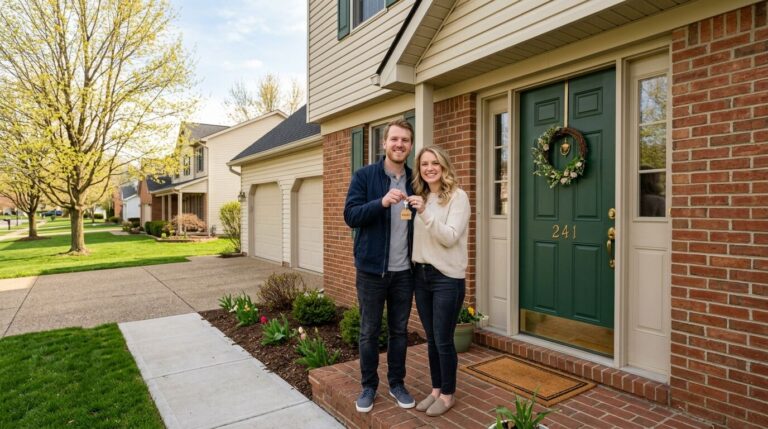 First-time homebuyer couple at front door of Stark County Ohio home