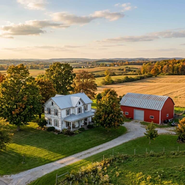 Farmhouse and red barn on a large lot at the edge of Hartville, Ohio in autumn