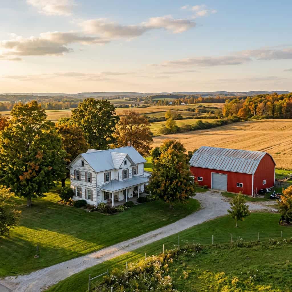 Farmhouse and red barn on a large lot at the edge of Hartville, Ohio in autumn