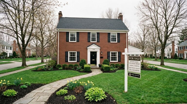 Colonial home with for-sale sign and fresh landscaping on a quiet northeast Ohio residential street