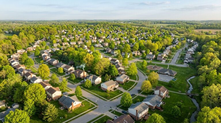 Aerial view of Stark County Ohio residential neighborhoods, showing the mix of home styles and tree-lined streets across the region