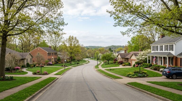 Ranch and colonial homes along a residential street in Perry Township, Stark County Ohio