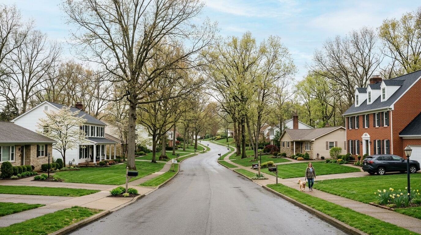 Residential street in Plain Township Ohio with colonial and ranch homes, early spring
