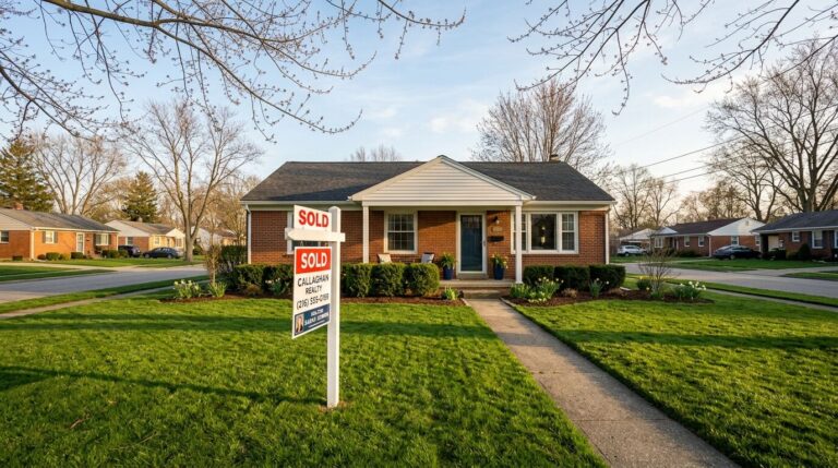 Sold sign in front of a brick ranch home in a Canton Ohio neighborhood, early spring