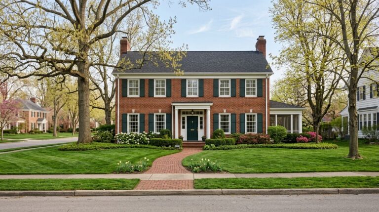 Colonial home on a residential street in Stark County Ohio, representing property tax rates by school district